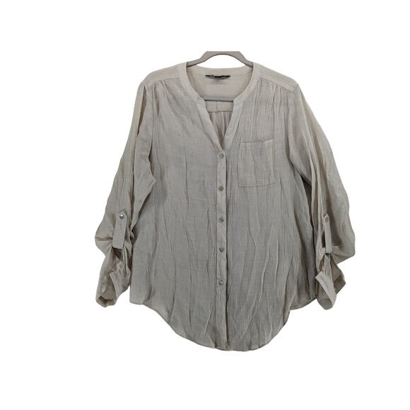 Zac & Rachel Draped Blouse L Cream Split V Neck Roll Tab Sleeve Tunic Button Up - Picture 9 of 9